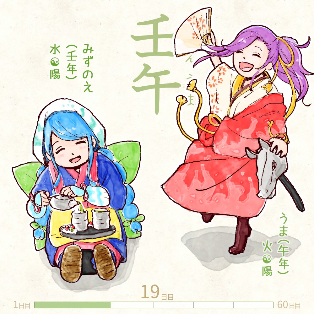 六十干支 午年,干支  今日は #壬午 (みずのえうま)の日 壬 mizunoe 午 uma イラスト,日本,着物 みずのえうま rokujikkansi 暦 koyomi japanese calender