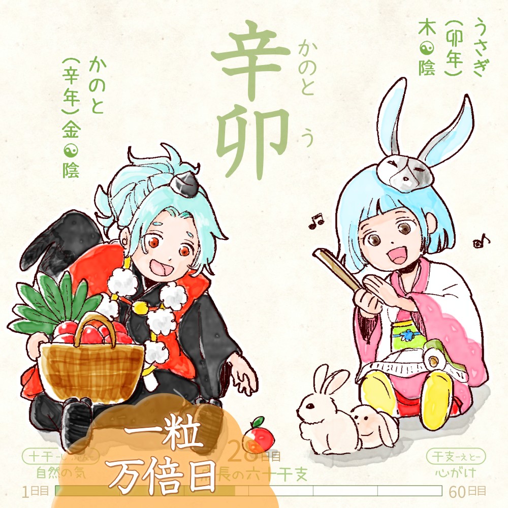 六十干支 卯年,干支  今日は #辛卯 (かのとう)の日 & #一粒万倍日✨ 辛 kanoto 卯 u イラスト,日本,着物 kanoto-u rokujikkansi 暦 koyomi japanese calender