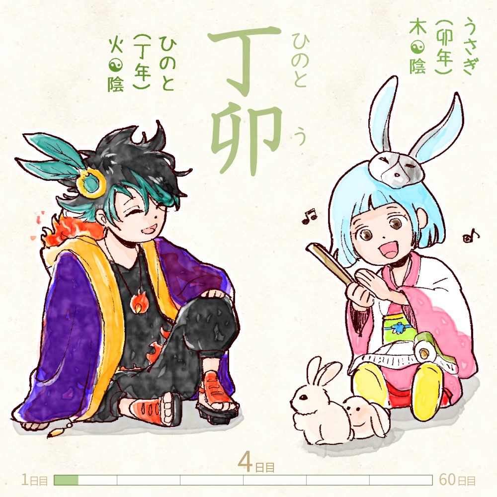 六十干支 卯年,干支 今日は #丁卯 (ひのとう)の日 丁 hinoto 卯 u イラスト,日本,着物 hinoto-u rokujikkansi 暦 koyomi japanese calender
