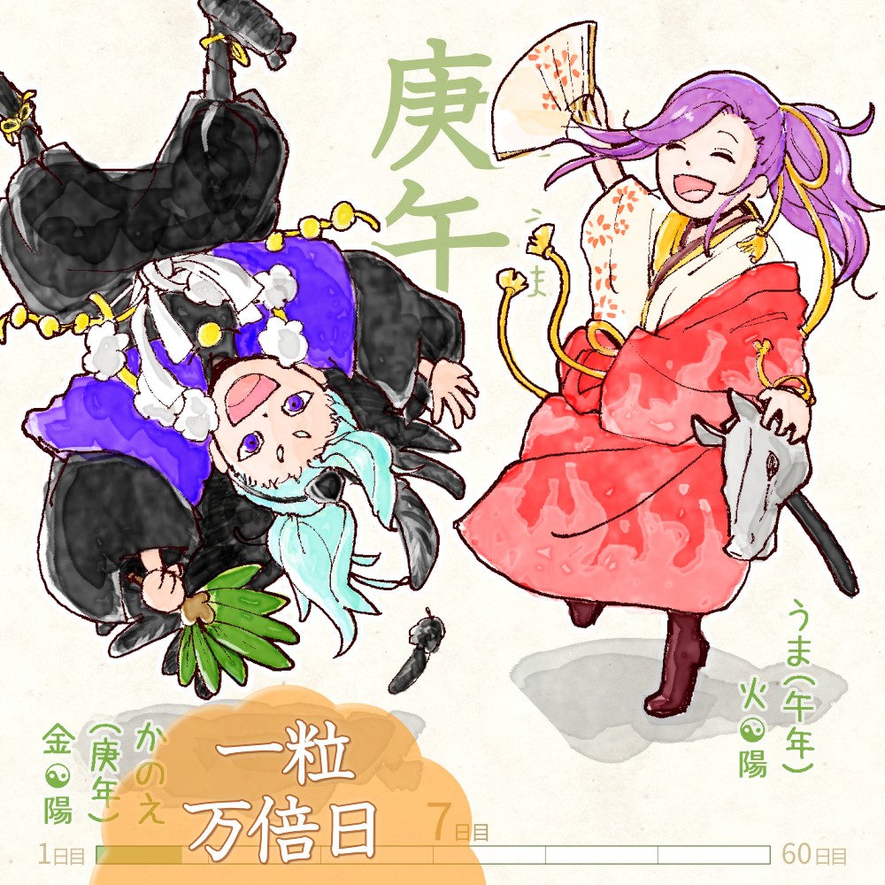 六十干支 午年,干支  今日は #庚午 (かのえうま)の日 & #一粒万倍日✨ 庚 kanoe 午 uma イラスト,日本,着物 kanoe-uma rokujikkansi 暦 koyomi japanese calender