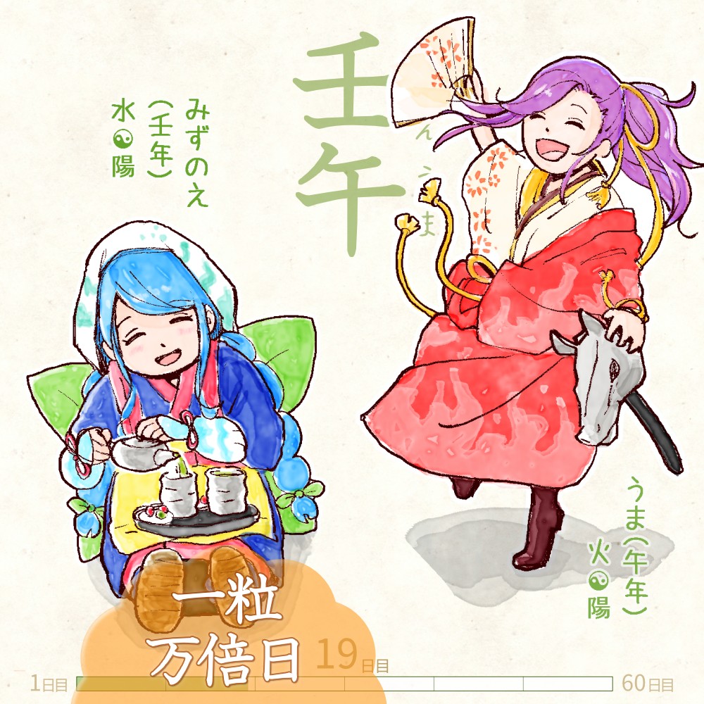 六十干支 午年,干支  今日は #壬午 (みずのえうま)の日 & #一粒万倍日✨ 壬 mizunoe 午 uma イラスト,日本,着物 mizunoe-uma rokujikkansi 暦 koyomi japanese calender