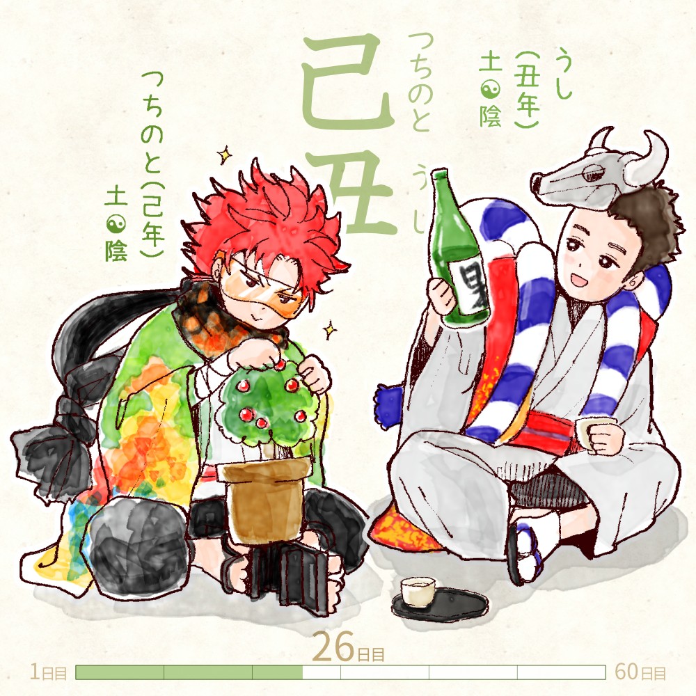 六十干支 丑年,干支  今日は #己丑 (つちのとうし)の日 己 tsuchinoto 丑 ushi イラスト,日本,着物 tsuchinoto-ushi rokujikkansi 暦 koyomi japanese calender