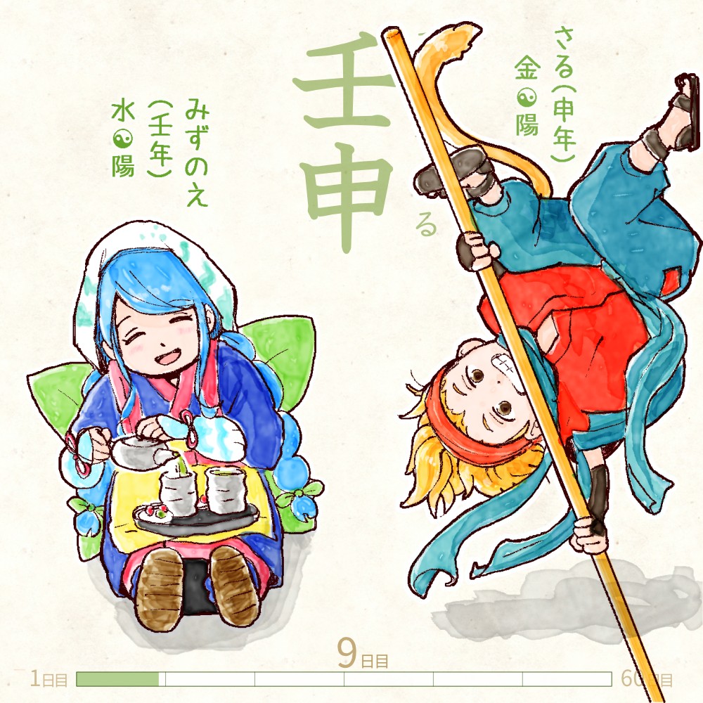 六十干支 申年,干支  今日は #壬申 (みずのえさる)の日 壬 mizunoe 申 saru イラスト,日本,着物 mizunoe-saru rokujikkansi 暦 koyomi japanese calender