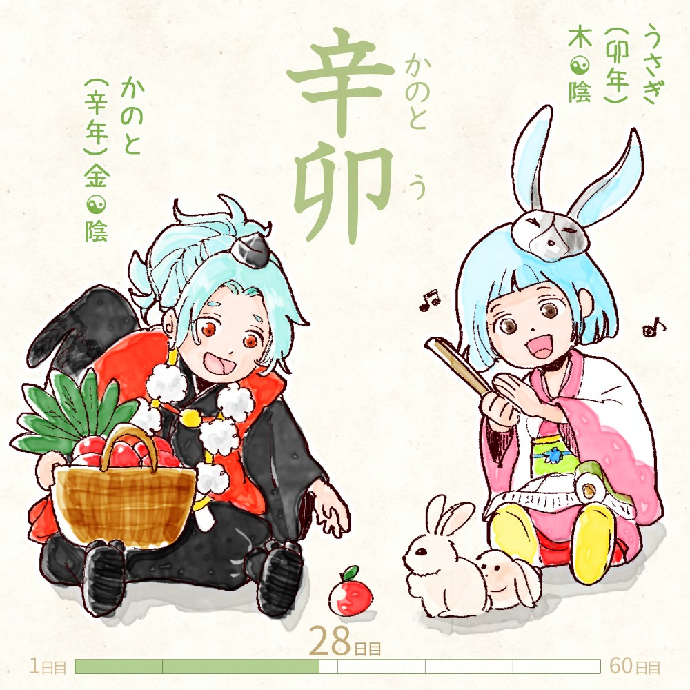 六十干支 卯年,干支  今日は #辛卯 (かのとう)の日 辛 kanoto 卯 u イラスト,日本,着物 kanoto-u rokujikkansi 暦 koyomi japanese calender