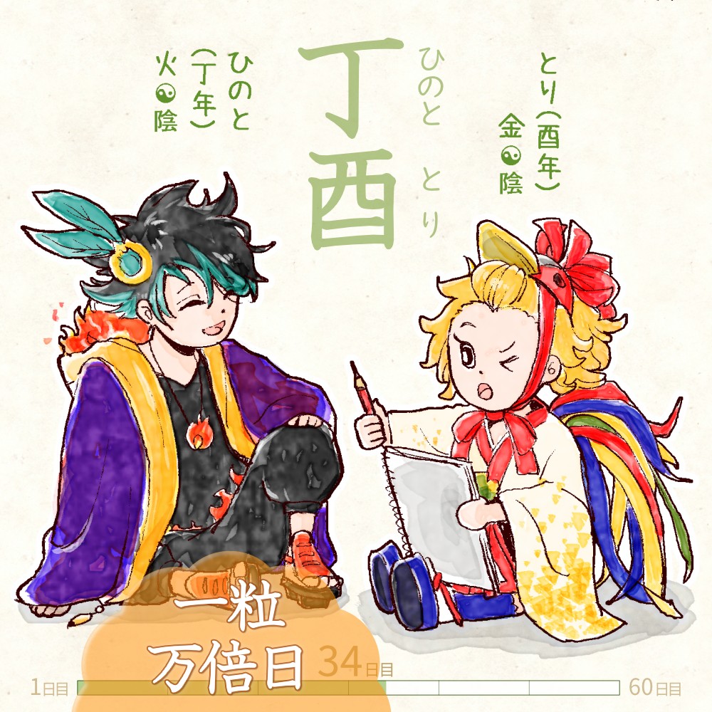 六十干支 酉年,干支  今日は #丁酉 (ひのととり)の日 & #一粒万倍日✨ 丁 hinoto 酉 tori イラスト,日本,着物 hinoto-tori rokujikkansi 暦 koyomi japanese calender