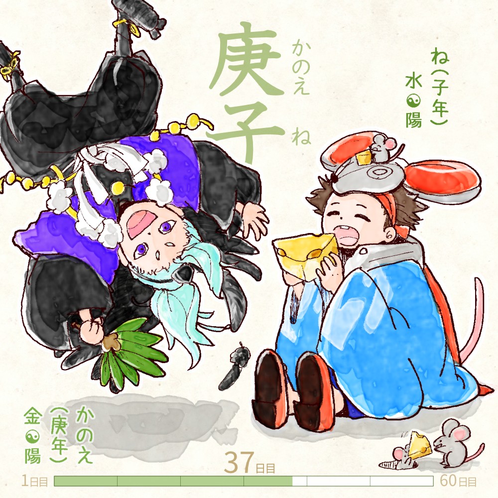 六十干支 子年,干支  今日は #庚子 (かのえね)の日 庚 kanoe 子 ne イラスト,日本,着物 kanoe-ne rokujikkansi 暦 koyomi japanese calender