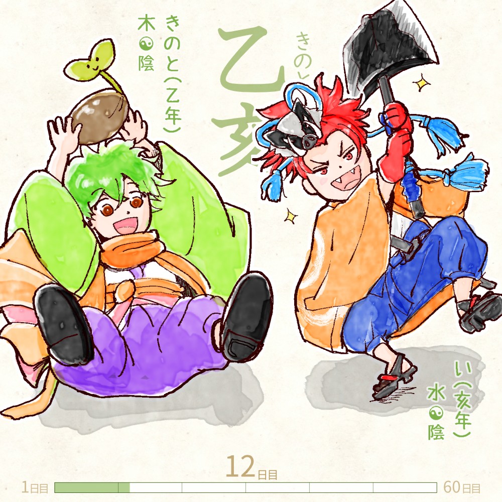 六十干支 亥年,干支  今日は #乙亥 (きのとい)の日 乙 kinoto 亥 i イラスト,日本,着物 kinoto-i rokujikkansi 暦 koyomi japanese calender