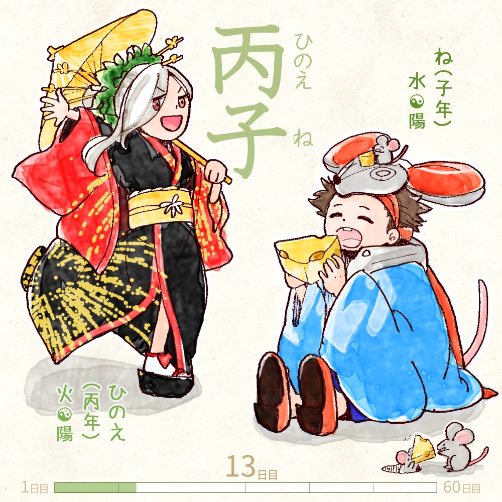 六十干支 子年,干支  今日は #丙子 (ひのえね)の日 丙 hinoe 子 ne イラスト,日本,着物 hinoe-ne rokujikkansi 暦 koyomi japanese calender