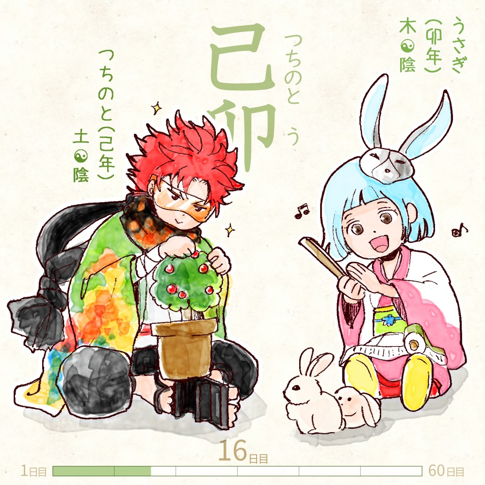 六十干支 卯年,干支 今日は #己卯 (つちのとう)の日 己 tsuchinoto 卯 u イラスト,日本,着物 tsuchinoto-u rokujikkansi 暦 koyomi japanese calender