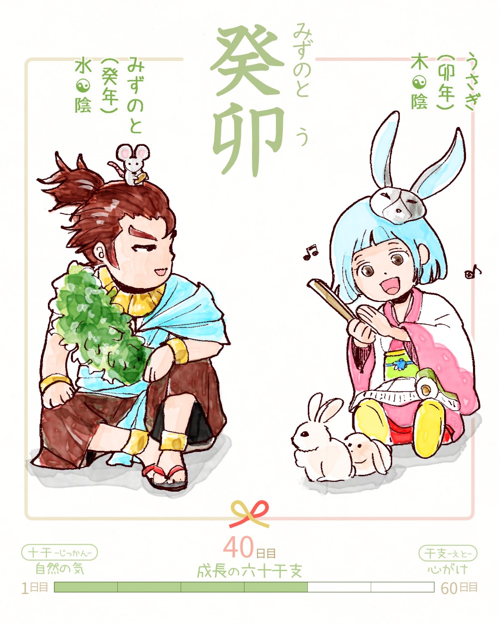 六十干支 卯年,干支  今日は #癸卯 (みずのとう)の日 癸 mizunoto 卯 u イラスト,日本,着物 mizunoto-u rokujikkansi 暦 koyomi japanese calender