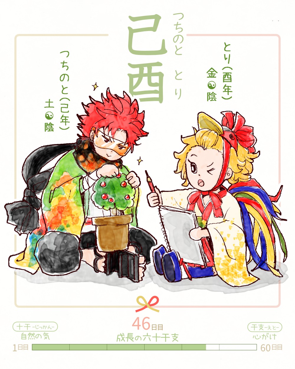 六十干支 酉年,干支  今日は #己酉 (つちのととり)の日 己 tsuchinoto 酉 tori イラスト,日本,着物 tsuchinoto-tori rokujikkansi 暦 koyomi japanese calender