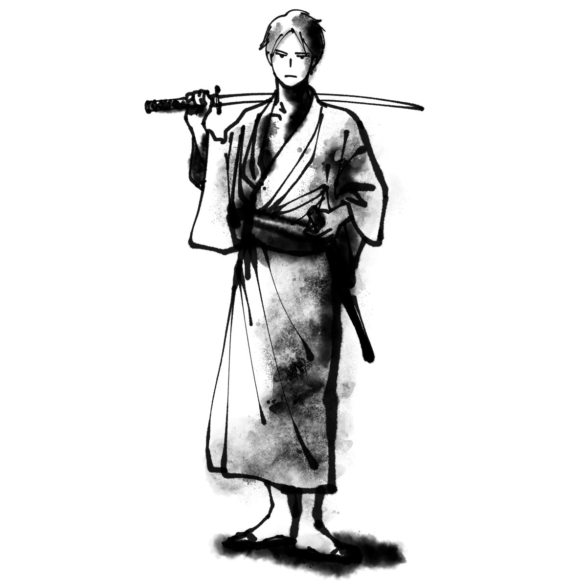 刀を持つ浪人のイラスト Ronin Holding A Sword 和風の無料墨絵イラスト 墨絵ですの